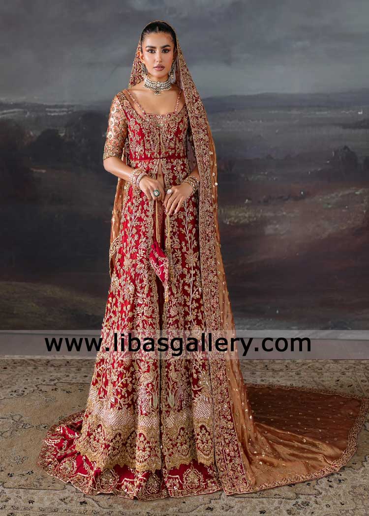 Exquisite Red bridal peshwas front open with Farshi Gharara and Dupatta Classic Gold and Antique hand embellishment 