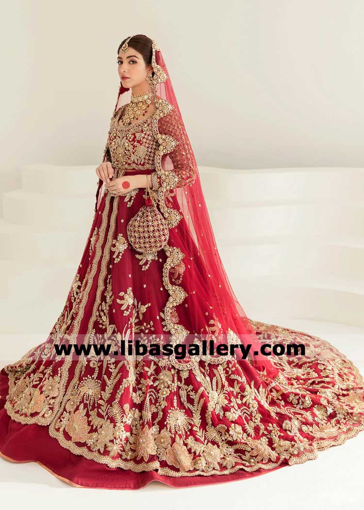 Red Bridal Lehenga Peshwas for Nikah – Floral hand Embellished Wedding Ensemble