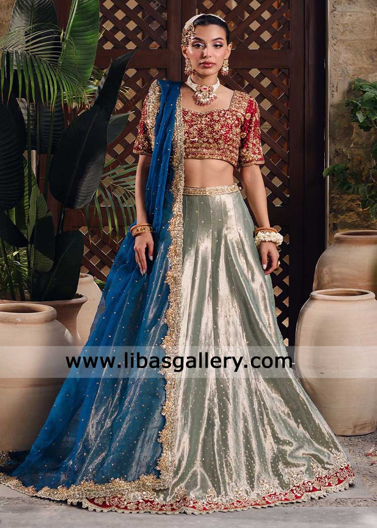 Red Choli with Mint Lame lehenga UK Scalloped border for nikah | Wedding Wear Red Choli with Mint Lame lehenga UK Scalloped border for nikah | Wedding Wear