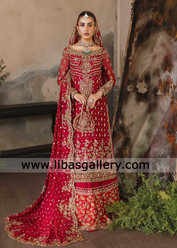 Farshi Lehenga in Red with regal grandeur graceful Scalloped Bridal Dupatta delicate hand embellished for Nikah UK USA Canada Dubai Australia