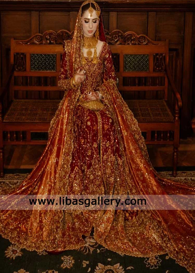 Shop red traditional bridal dress with gold hand work and jamawar farshi lehenga- Designer Bridal Dress for Nikah barat Dubai UAE