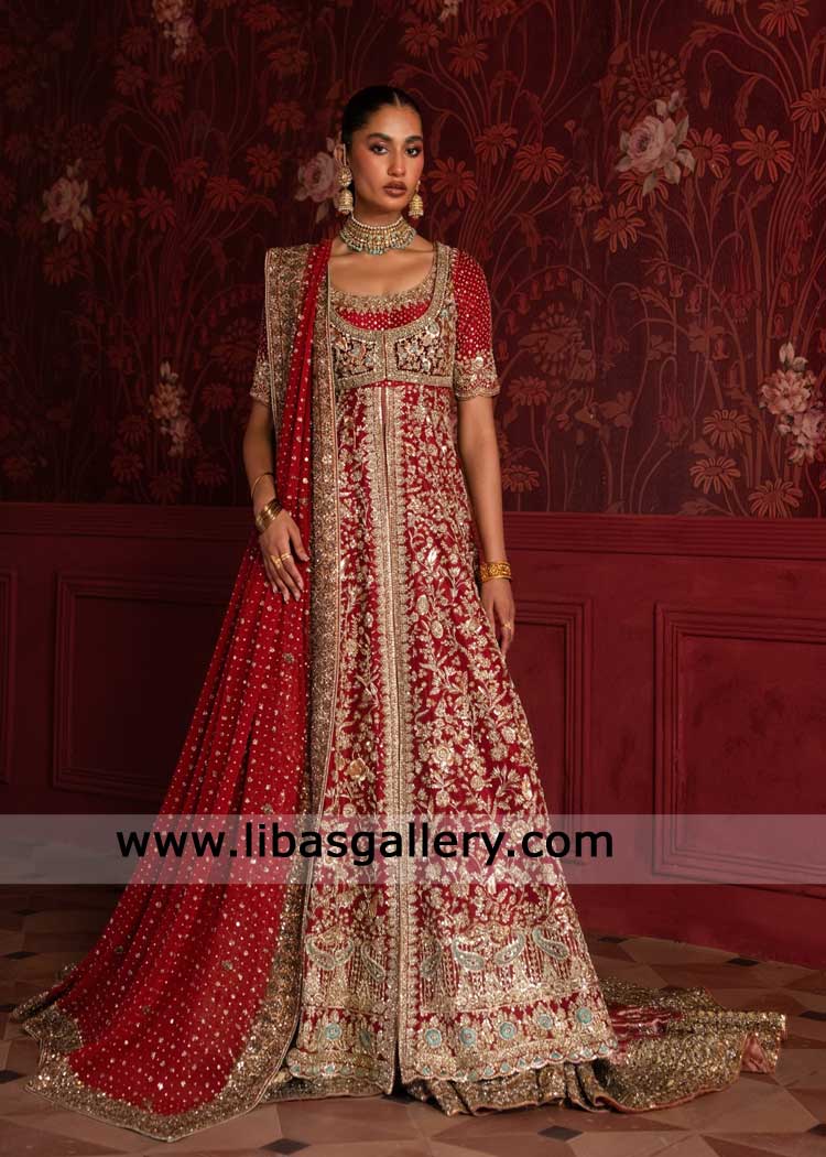 Majestic Red Hand-Embellished Front-Open Bridal Peshwas with Lehenga-Traditional Pakistani Bridal dresses London UK