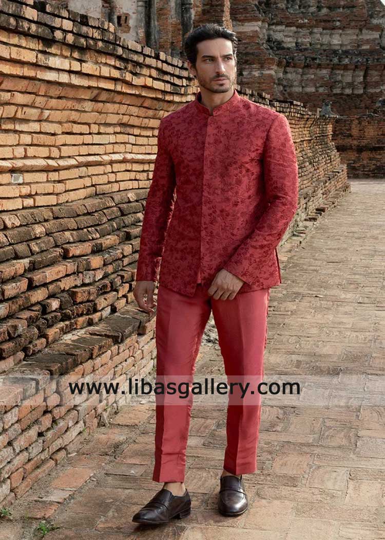 Pakistani Red embroidered prince coat Manhattan USA for groom Pakistani Red embroidered prince coat Manhattan USA for groom