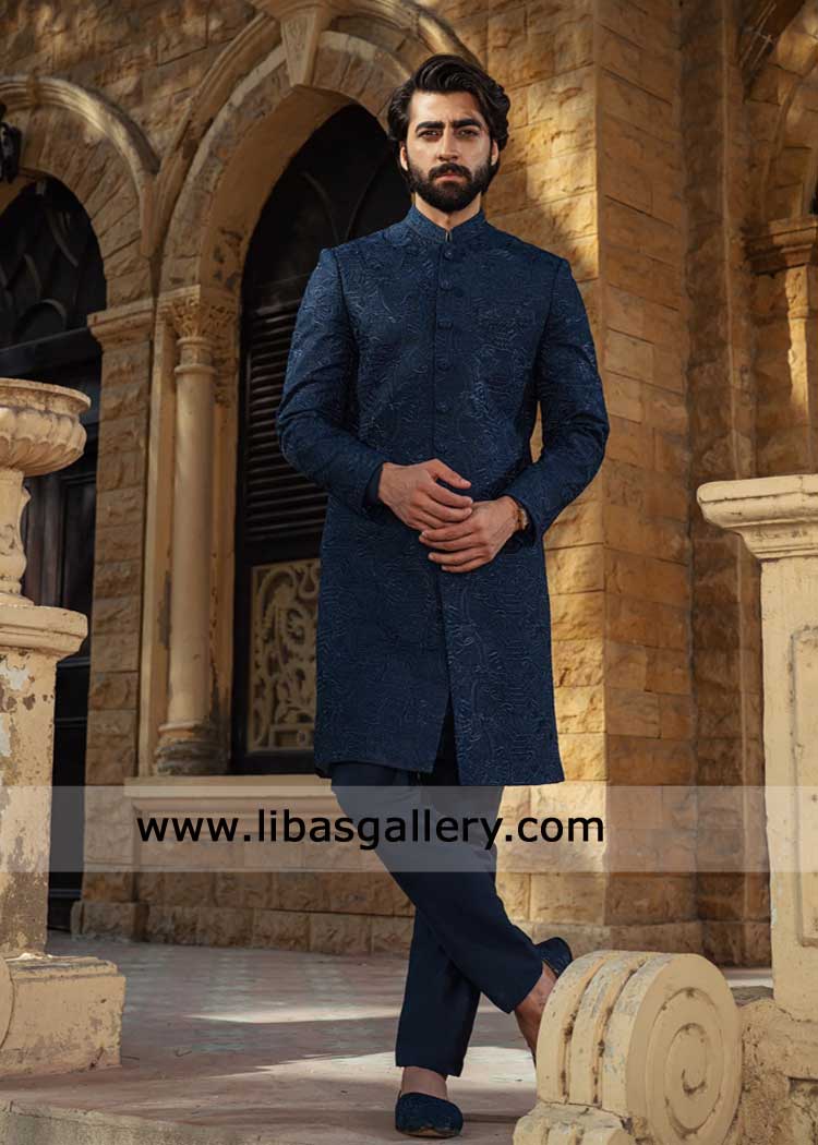 Royal Blue Embroidered Groom Nikah Sherwani – Premium Groom Wear for Nikah to buy online for San Jose USA Royal Blue Embroidered Groom Nikah Sherwani – Premium Groom Wear for Nikah to buy online for San Jose USA