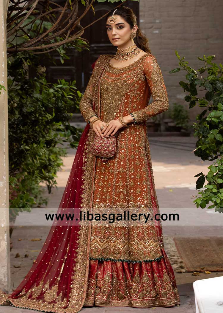 Rust Chiffon Shirt & Dupatta with Gold Hand-Embellished Red Jamawar Lehenga Rust Chiffon Shirt & Dupatta with Gold Hand-Embellished Red Jamawar Lehenga