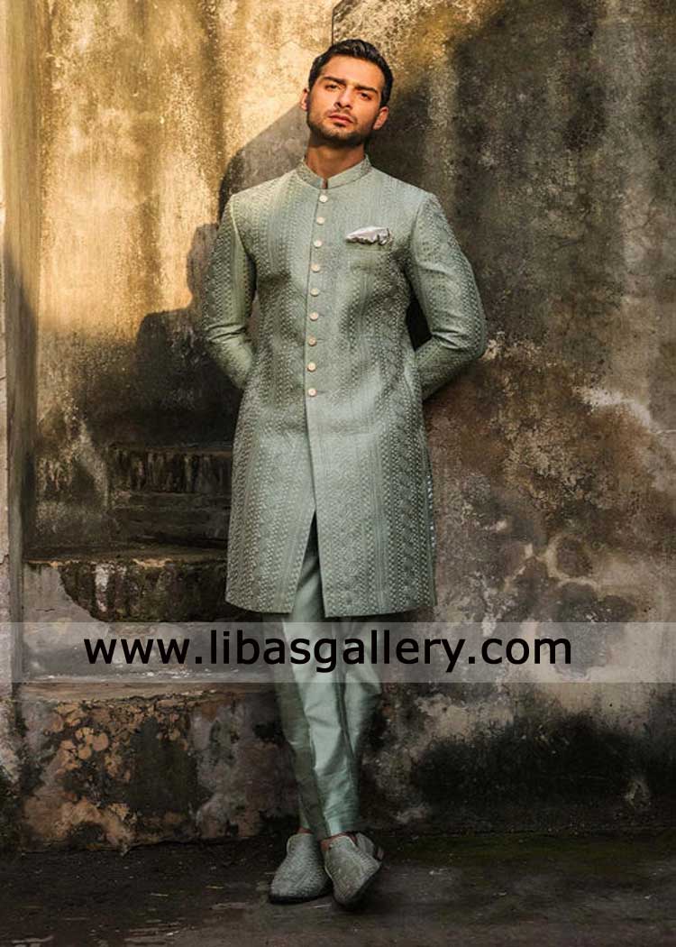 Groom embroidered Wedding Sherwani in Sage Green shade with matching inner shirt and Trousers Glasgow Leicester Edinburgh Leeds UK