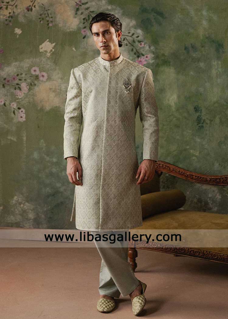 Majestic Sage Green Wedding Sherwani in Embroidered Jamawar- Groom Wear Nikah Majestic Sage Green Wedding Sherwani in Embroidered Jamawar- Groom Wear Nikah