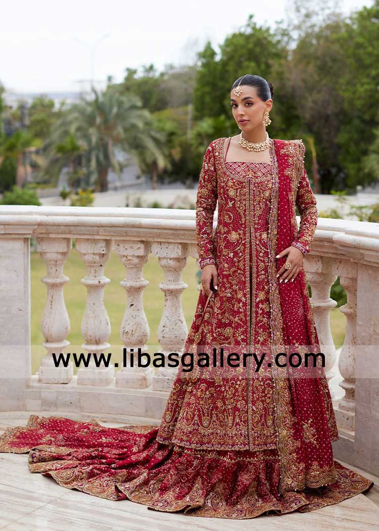 Deep red Jamawar Farshi Bridal lehenga with Front open Bridal Shirt and Dupatta Aubergine Appliqué Accents Manchester California Dubai Washington