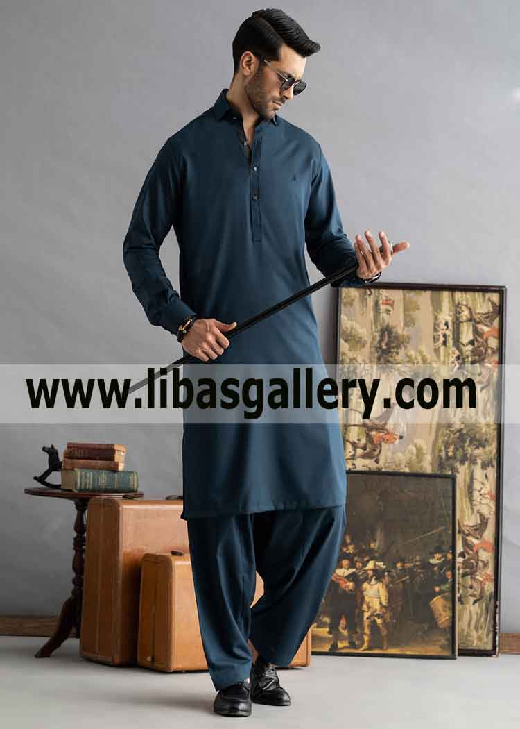 TEAL BLUE Man KAMEEZ SHALWAR Stylish Cuff wear with black shoes in dinner party Event Dubai Abu Dhabi UAE