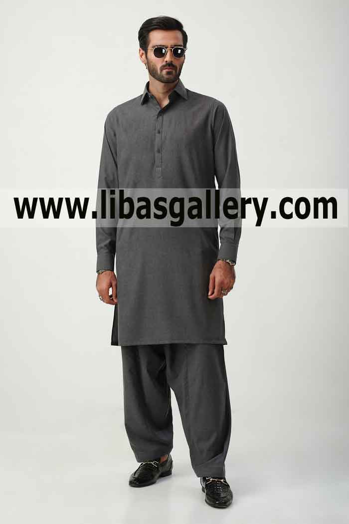 Classic grey kameez Shalwar inspired buttons For a sophisticated and well-dressed man Houston Texas USA