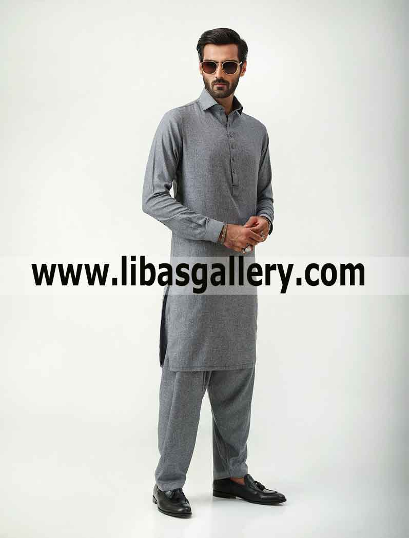 Grey kameez shalwar made with light weight blended fabric for man Pakistan Bangladesh India USA Canada UK
