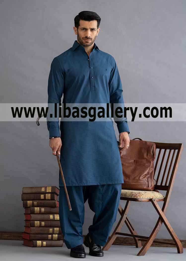 DARK TEEL KAMEEZ SHALWAR for man premium textured fabric Unique Buttons Cambridge Canterbury UK