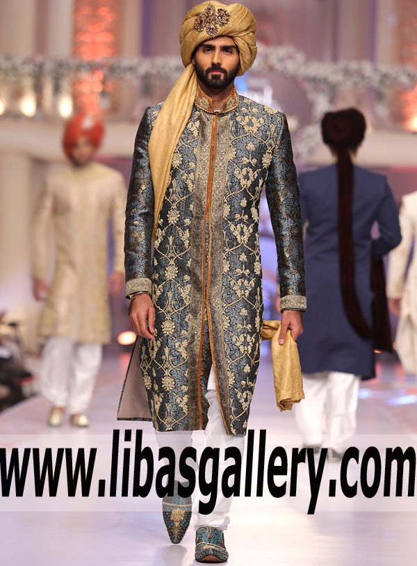Banarasi Jamawar Black sherwani for groom Applique crafted Show Embroidered buttons nikah Washington New york city USA Banarasi Jamawar Black sherwani for groom Applique crafted Show Embroidered buttons nikah Washington New york city USA
