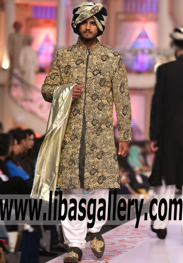 Banarsi jamawar rich embroidered groom black wedding sherwani jacket for nikah barat moments Manchester Edinburgh UK Banarsi jamawar rich embroidered groom black wedding sherwani jacket for nikah barat moments Manchester Edinburgh UK
