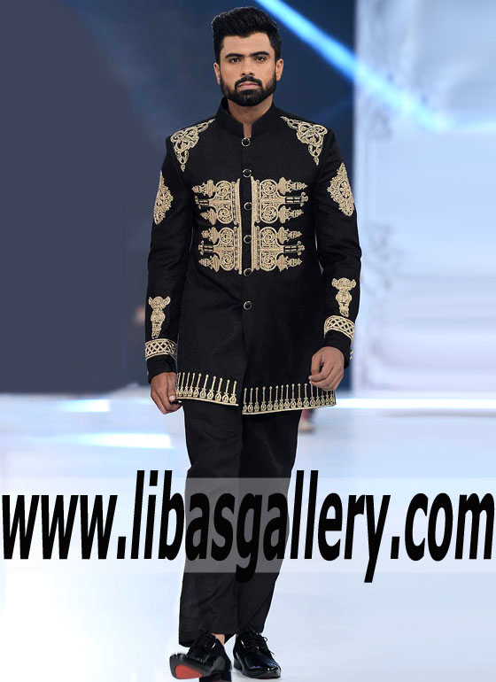 Black dull gold short length indo western sherwani style in raw silk with fancy gold buttons closure Cardiff Carlton london southhall UK Black dull gold short length indo western sherwani style in raw silk with fancy gold buttons closure Cardiff Carlton london southhall UK