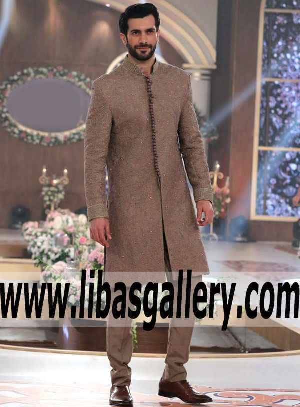 Computer embroidered groom wedding sherwani with hand embellishment on collar cuff slim fit stitched wedding jacket Toronto Quebec City Canada Computer embroidered groom wedding sherwani with hand embellishment on collar cuff slim fit stitched wedding jacket Toronto Quebec City Canada