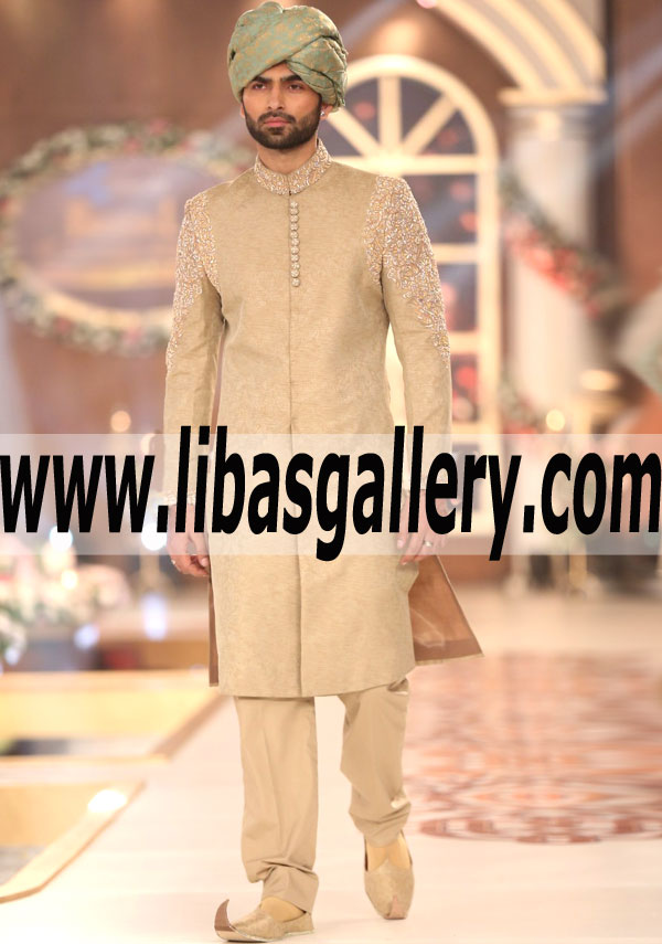 Embroidered arms and collar sherwani with series of buttons pre tied turban and khussa on order Bristol Canterbury UK Embroidered arms and collar sherwani with series of buttons pre tied turban and khussa on order Bristol Canterbury UK