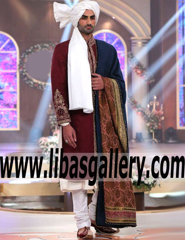 Maroon Sherwani Jamawar work on front collar and arms suitable for nikah barat rukhsati Kansas City Missouri USA Maroon Sherwani Jamawar work on front collar and arms suitable for nikah barat rukhsati Kansas City Missouri USA