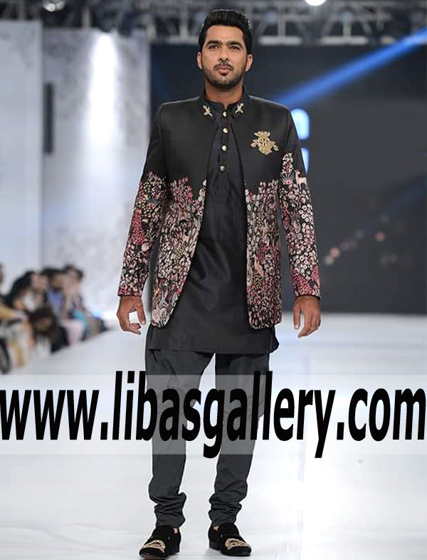 Embellished black prince coat sherwani in suiting fabric classic thread kora work best for barat nikah Edinburgh Glasgow UK Embellished black prince coat sherwani in suiting fabric classic thread kora work best for barat nikah Edinburgh Glasgow UK