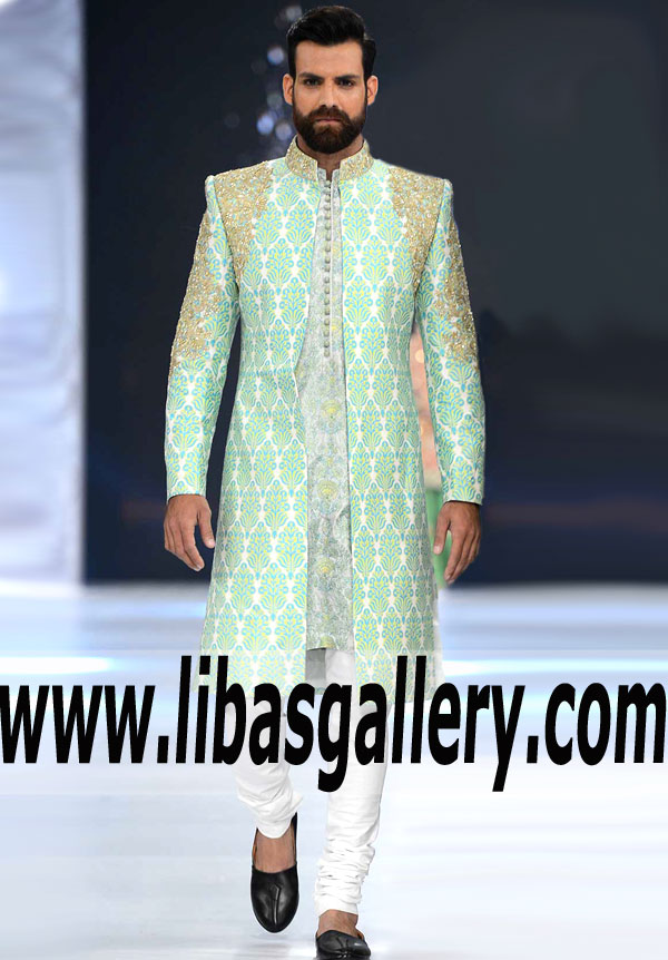 gold kora dabka swarovski crystal embellished light shade groom wedding sherwani inner kurta embroidered Mississauga Toronto Canada