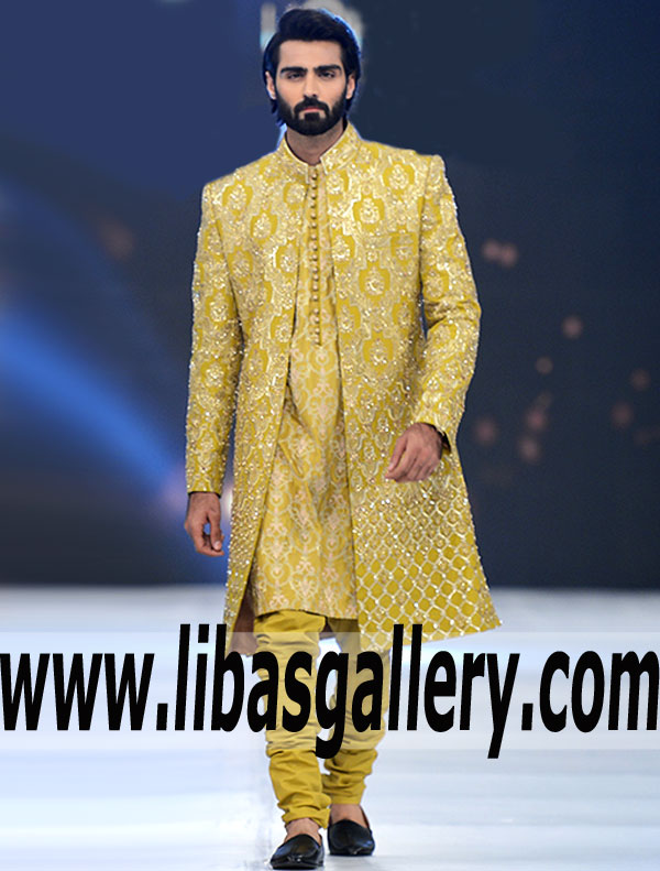 lemon color heavy embroidered groom barat nikah sherwani inner kurta matching embroidered and churidar Dubai Abu dhabi UAE