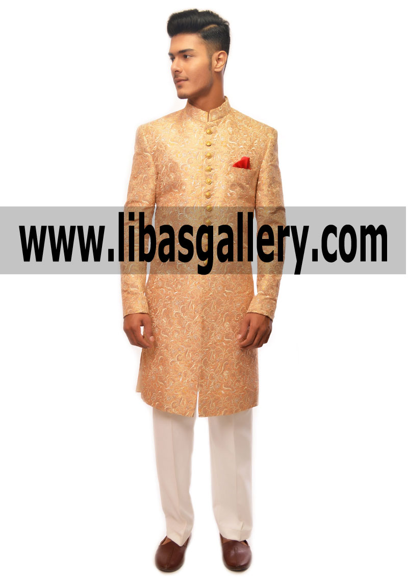 Golden Jamawar Sherwani by Designer Pakistan for Groom to share Wedding Story Feeling Comfortable in sherwani suit Saudi Arabia Dubai UAE Abu Dhabi 2017