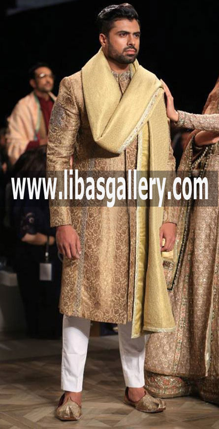 Jamawar Banarsi Fabric Fahad Hussayn Shadi Nikah Barat Sherwani Embroidered border Shawl Men’s wear Pakistan