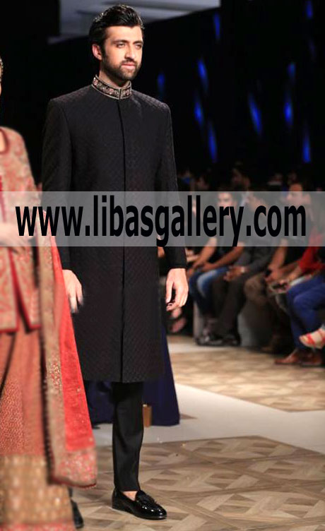 Black Embellished collar Wedding Sherwani suit for dulha nikah barat moments qatar kuwait saudi arabia