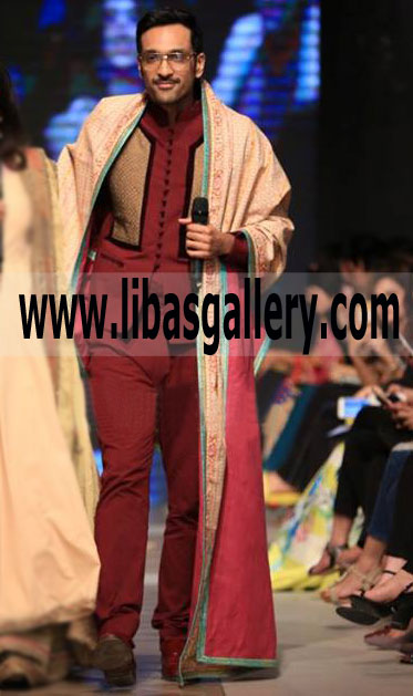 Indo Western Style sherwani with Embroidered border shawl to enhance man look buy sherwani online uk usa canada