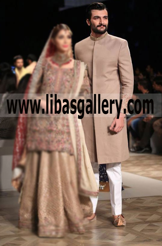 antique and gold work on collar on wedding sherwani in raw silk and suiting fabric classic and regular fitting slim fit options france germany scotland