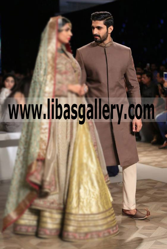 Fahad Hussayn Wedding Sherwani long knee length groom looking bride love Mens wear Nikah Washington USA Mens wear
