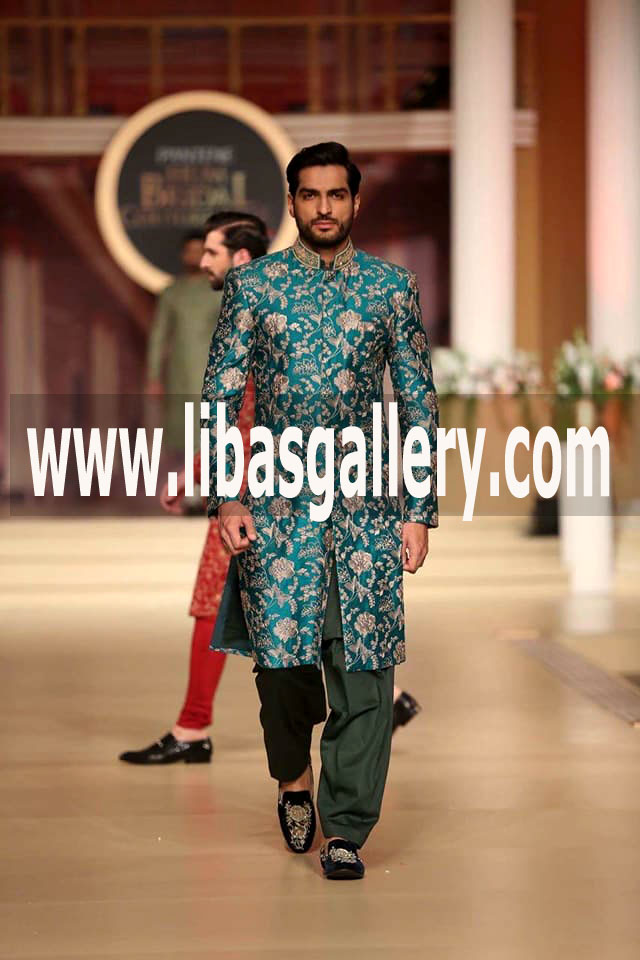 turquoise pure jamawar banarsi groom wedding sherwani suit embroidered shop online for barat nikah parliament Hill ottawa toronto Canada