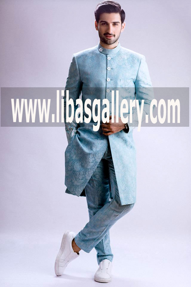 Pakistani designer sherwani collection muneed model wearing new color style groom wedding shadi sherwani Trinidad and Tobago