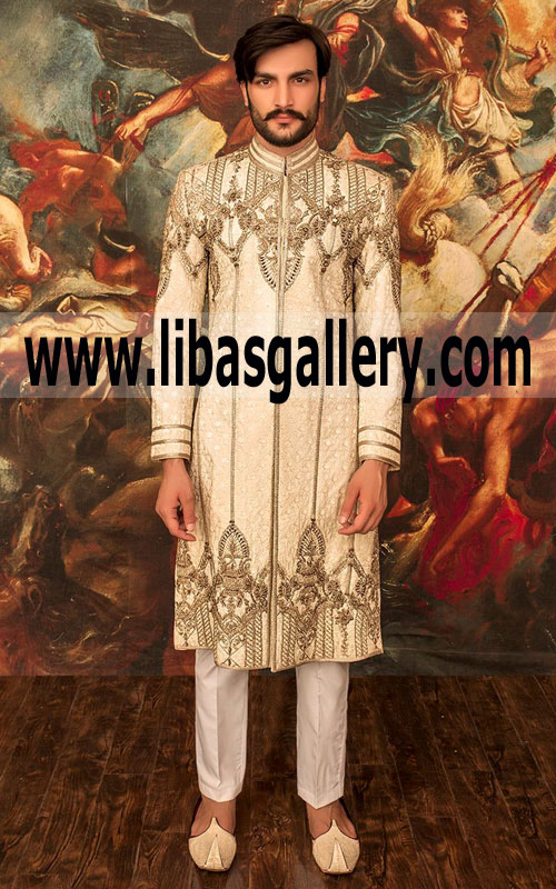  Grand Groom Sherwani suit in light color for nikah day muslim nikah suit in light color for wedding Texas USA Men