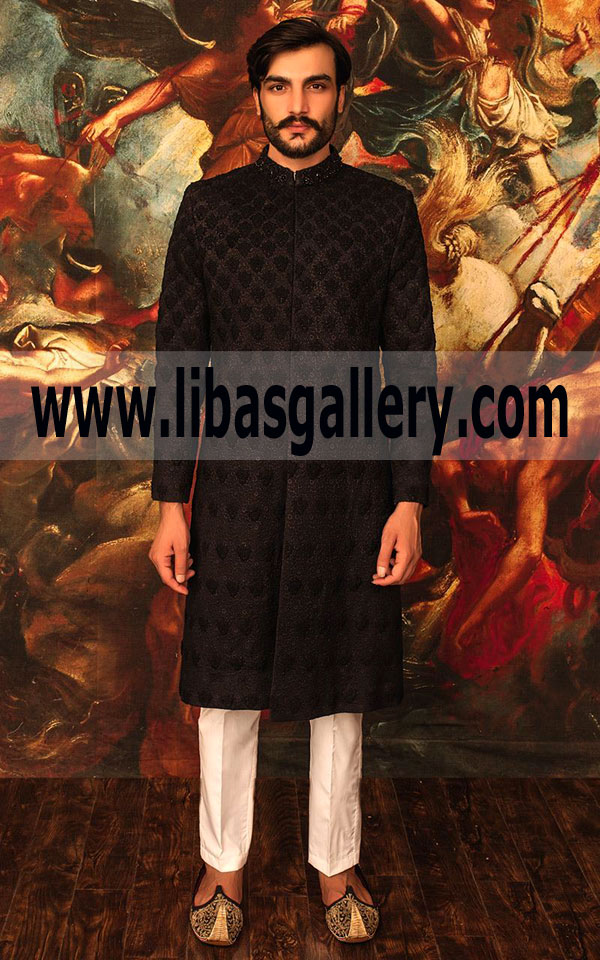 Dulha Wearing Black Embroidered Sherwani Suit on his Wedding Nikah Day with pajama light color perth sydney Australia Dulha Wearing Black Embroidered Sherwani Suit on his Wedding Nikah Day with pajama light color perth sydney Australia