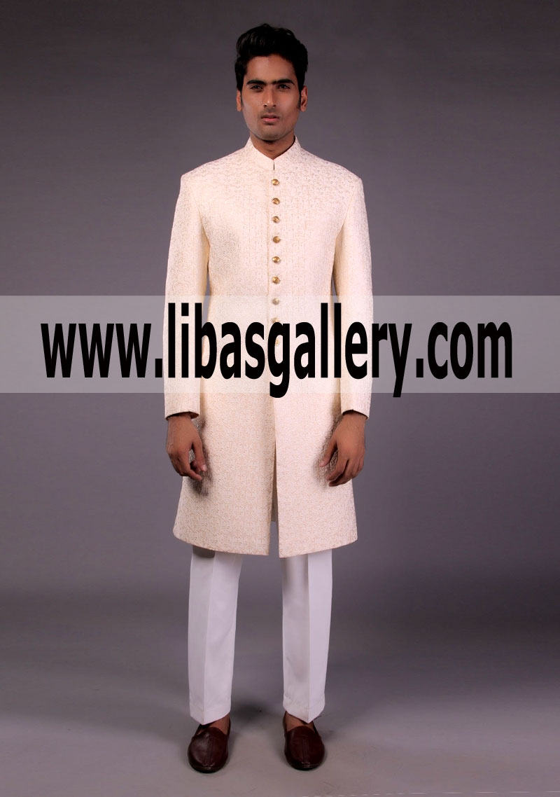 Amir Adnan Cream Color Wedding Sherwani Classic Fitting for Groom 2018 london UK United Kingdom GB