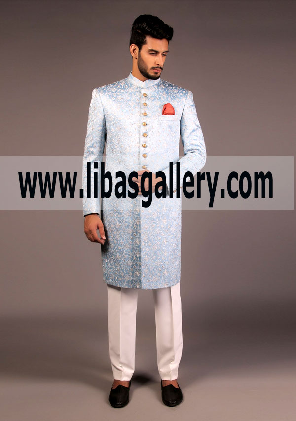 Amir Adnan Ice Blue Color Satin Fabric Sherwani is vry famous among Groom Dulha of Desi Family abroad UK USA Canada