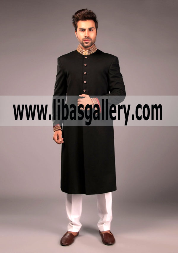 Amir Adnan Black Sherwani with Embellishment on Collar and Sleeves  Texas USA Men