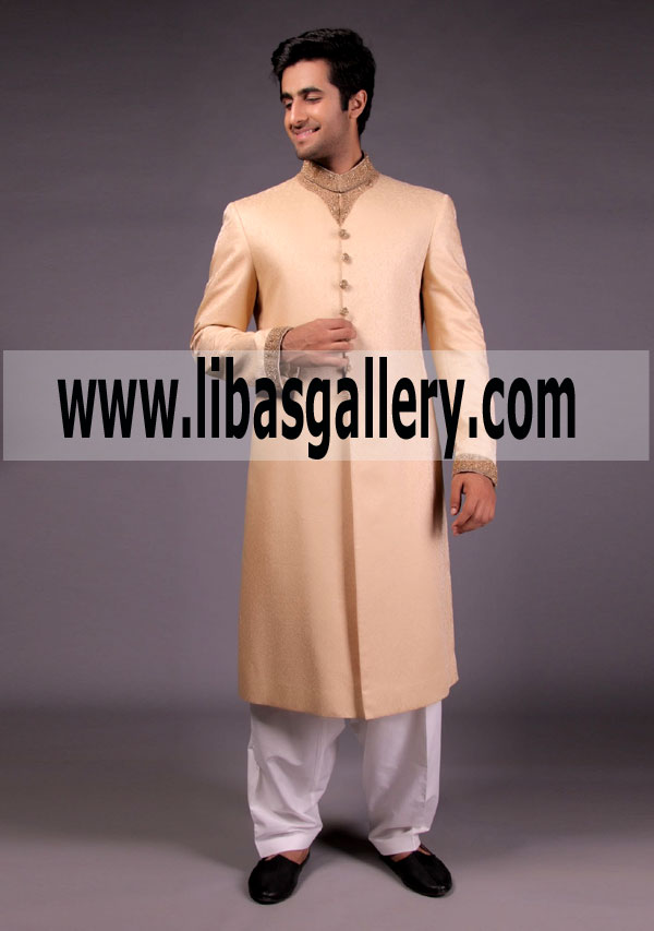 Offer of the year 2018 Amir Adnan Sherwani hand work on Collar sleeves beige color Karachi Pakistan Offer of the year 2018 Amir Adnan Sherwani hand work on Collar sleeves beige color Karachi Pakistan