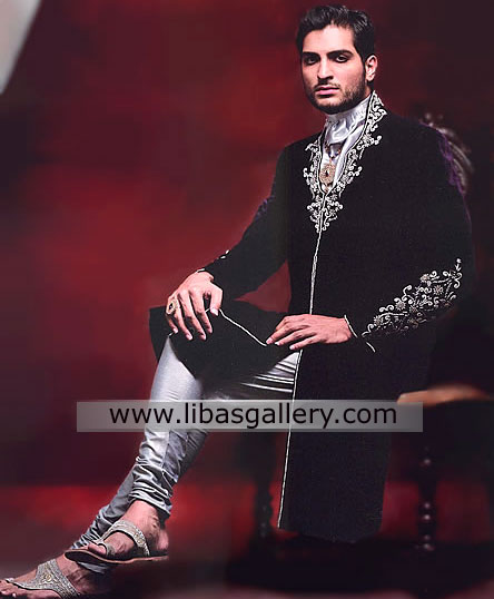 Men`s Sherwani Florida USA,Designer Wedding Sherwani California USA,Embroidered Black Sherwani NY Dark Shades