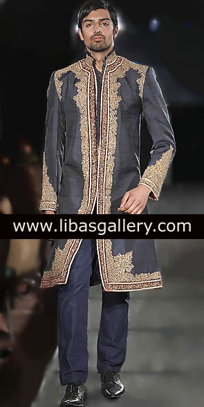 Mens wedding Sherwani in raw silk gold embellished for nikah barat day Florida sugar land texas USA
