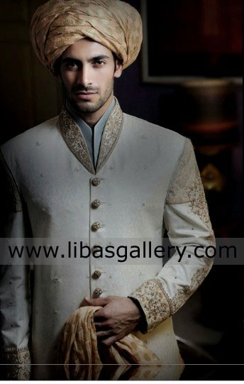 light shade Embellished Designer Wedding Sherwani for Barat Nikah Europe Asia America