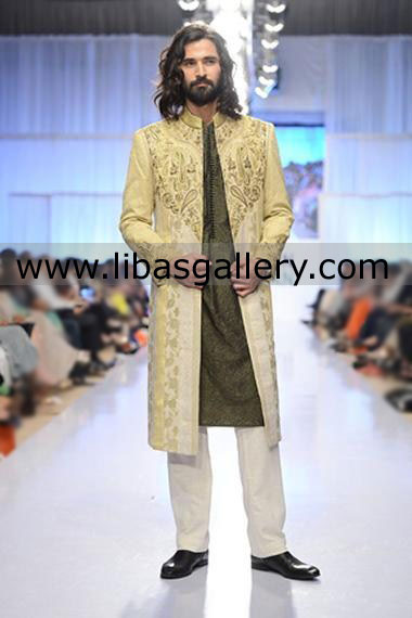 Amir Adnan Front open long sherwani for groom barat nikah day UK USA Canada Australia Dubai