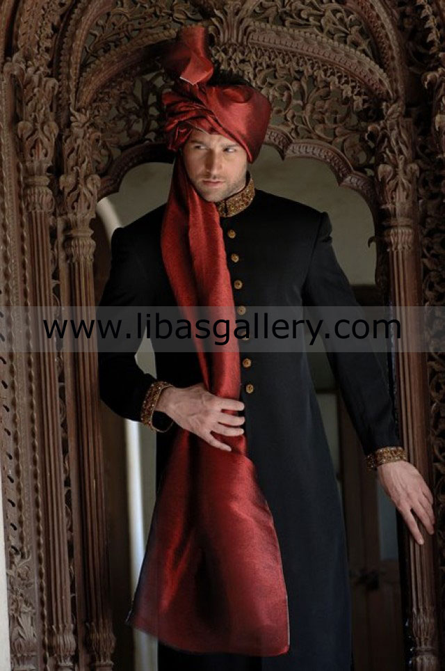 Black Cuff and Collar Embroidered Groom Wedding sherwani shop online Toronto Montreal Canada