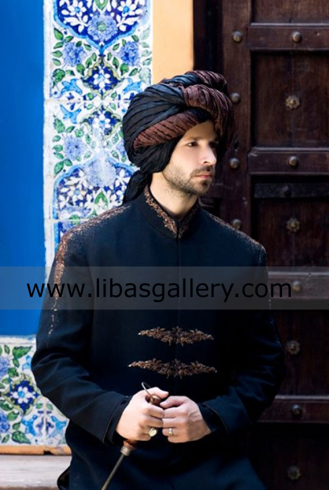 Buy embroidered wedding sherwani in raw silk and suiting fabric for nikah barat chicago california USA