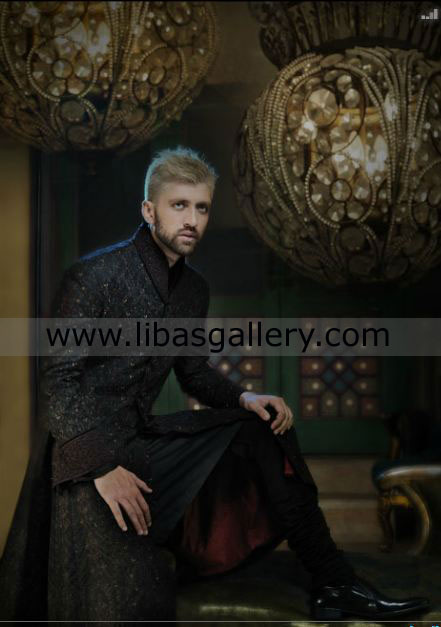 Black Embroidered Wedding Sherwani coat big collar for long neck Groom UK USA Australia Dubai Canada