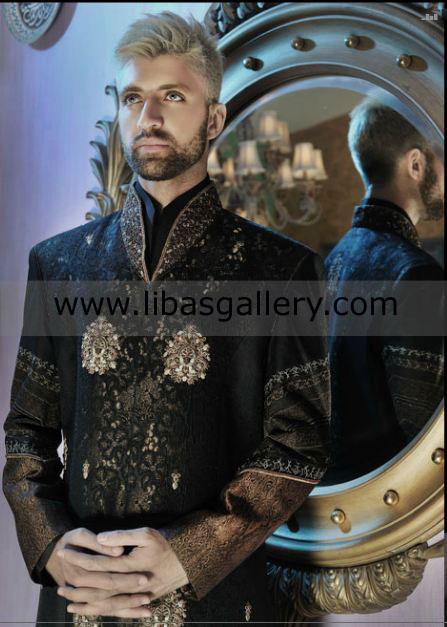 Black jamawar Groom wedding sherwani multi color jamawar sleeves hand work UK Dubai Canada USA Australia