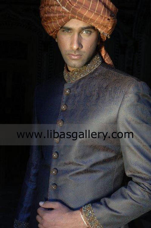 Dark shade Collar fancy Embellished wedding sherwani coat for Groom Dubai Scotland ireland 