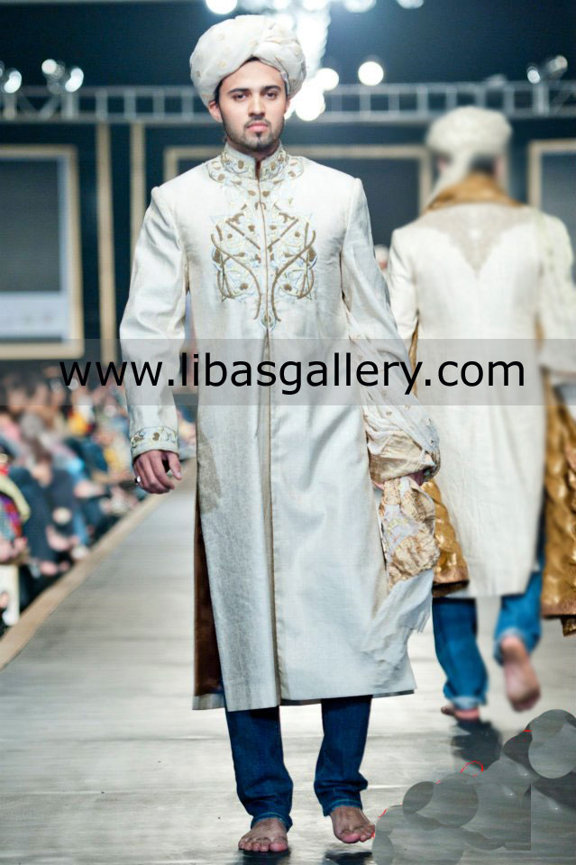 happy groom walking on ramp for his pretty bride after nikah in graceful sherwani coat scotland holland netherland 