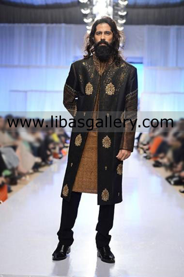 Black jamawar wedding sherwani for groom hand work high neck collar UK KSA Canada USA UAE